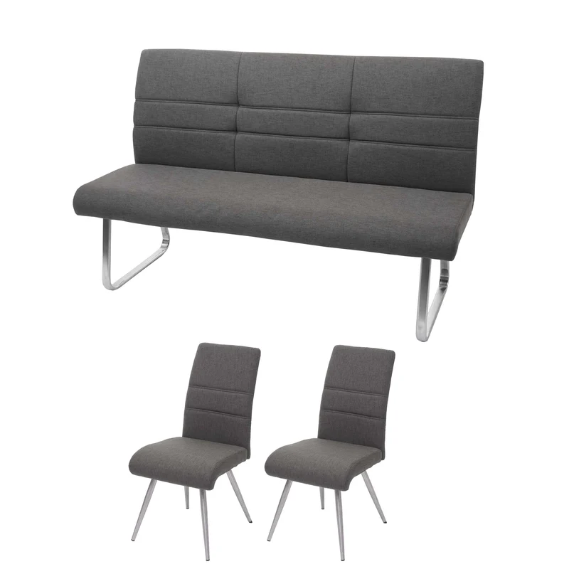 Lot de 2 chaises de salle à manger + banc 180 cm en tissu gris-marron acier inoxydable 04_0007489