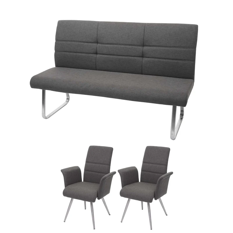Lot de 2 chaises de salle à manger avec accoudoirs + banc 180 cm en tissu gris-marron acier inoxydable 04_0007487