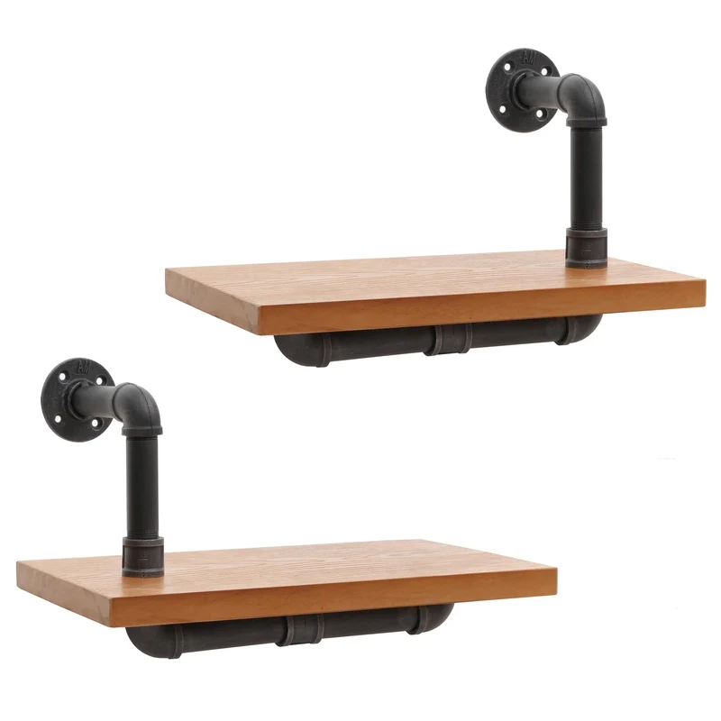Lot de 2 étagères murales suspendues design industriel acier et bois clair 29x45x25 cm 04_0007483