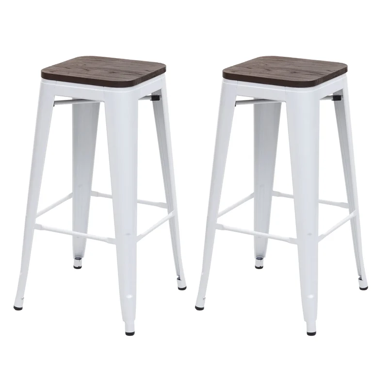 Lot de 2 tabourets de bar assise en bois cadre en métal blanc design industriel empilable 04_0007449