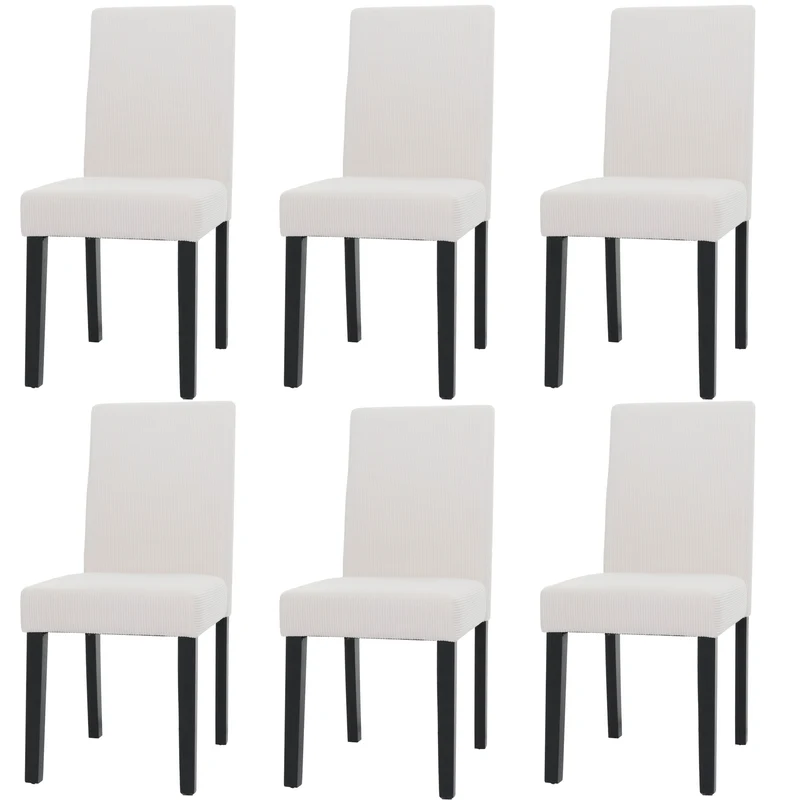 Lot de 6 chaises de salle à manger dossier haut en tissu velours côtelé crème pieds en bois foncés 04_0007640