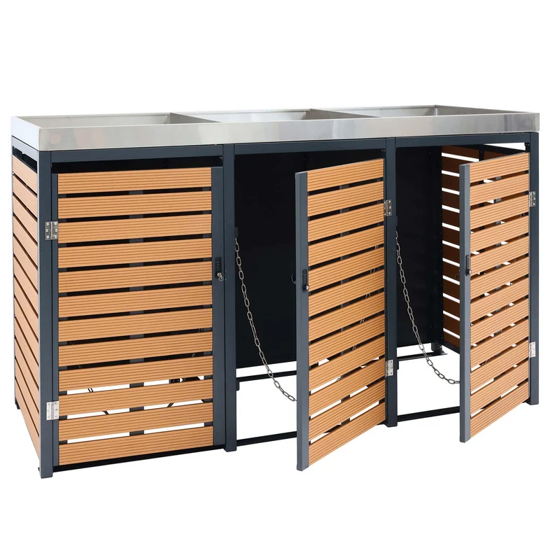 Abris poubelles verrouillable avec bac à plantes jardinière 124x200x84 cm wpc acier inoxydable 107kg aspect teck 04_0008238