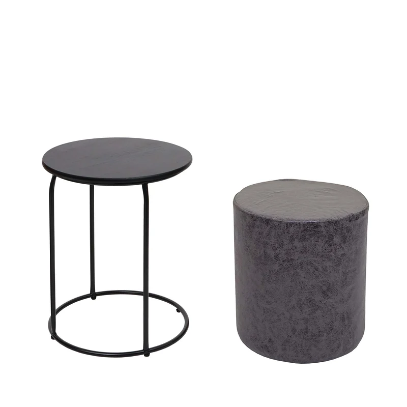 Set table-tabouret table d'appoint repose-pieds MDF PVC anthracite et métal noir 04_0007478