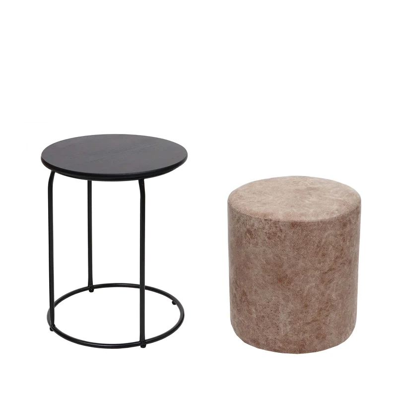 Set table-tabouret table d'appoint repose-pieds MDF PVC marron et métal noir 04_0007477