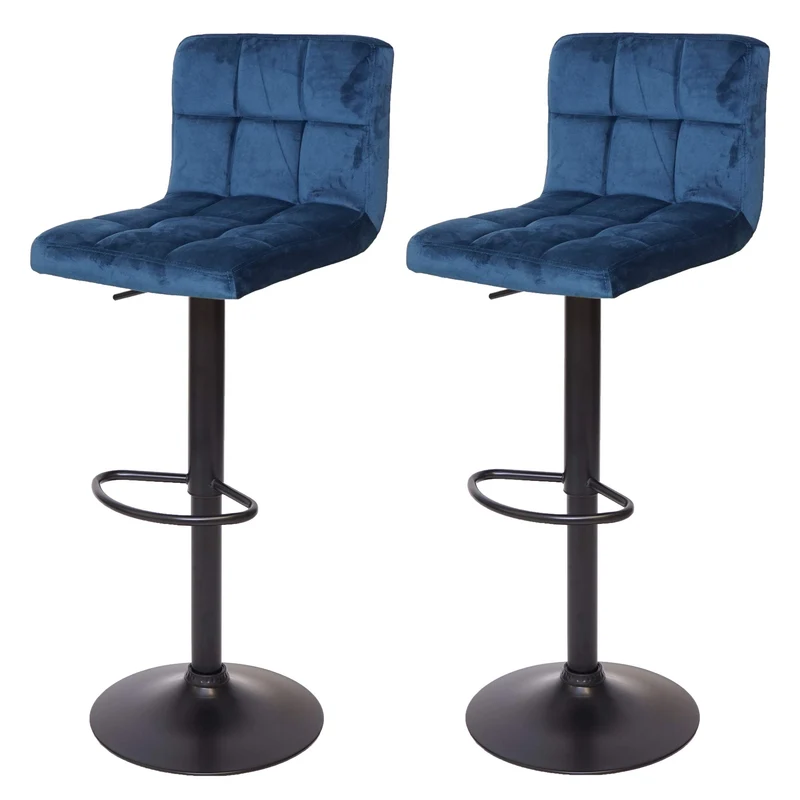 Lot de 2 tabourets de bar chaises comptoir réglable en hauteur en velours bleu pétrole piètement noir 04_0007461