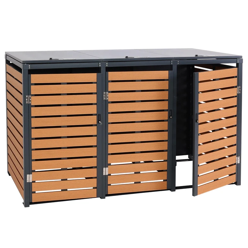 Abris poubelles 3 compartiments 119 x 205 x 84 cm wpc métal 109kg aspect teck 04_0008241