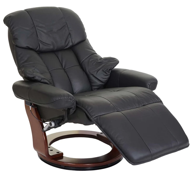 Fauteuil TV de relaxation pivotant avec repose-pieds ajustable en cuir véritable noir cadre en bois aspect noyer 04_0007815