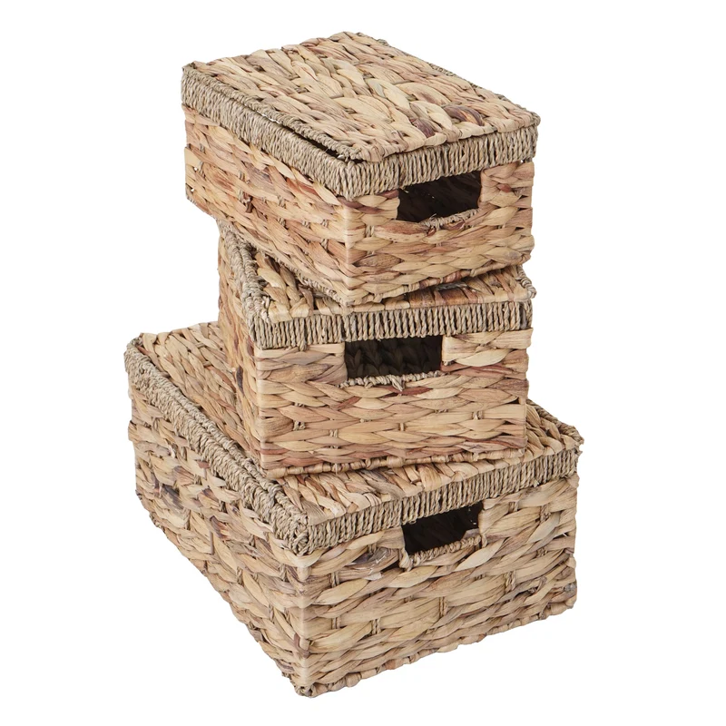 Lot de 3 boîtes de rangement avec couvercle en jacinthe d'eau coloris naturel 04_0007499