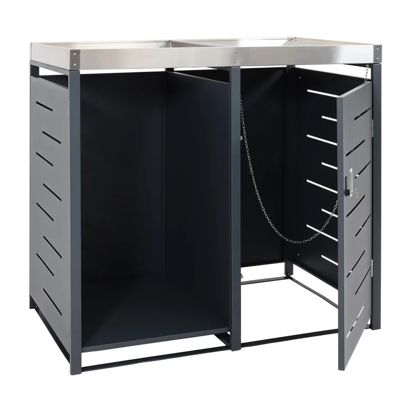 Abris poubelle 1 pièce avec stockage de bois de chauffage et bac à fleurs verrouillable 125 x 130 x 80 cm 45kg en métal anthracite 04_0008223