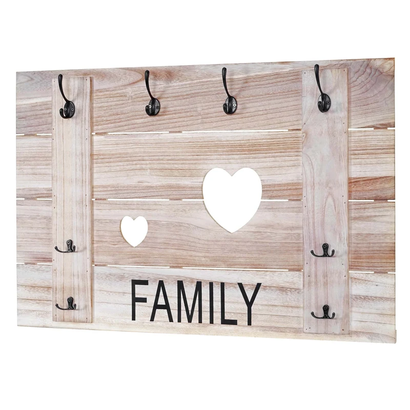 Porte-manteau mural family panneau avec 8 crochets 60 x 90 cm design vintage bois marron naturel 04_0008175