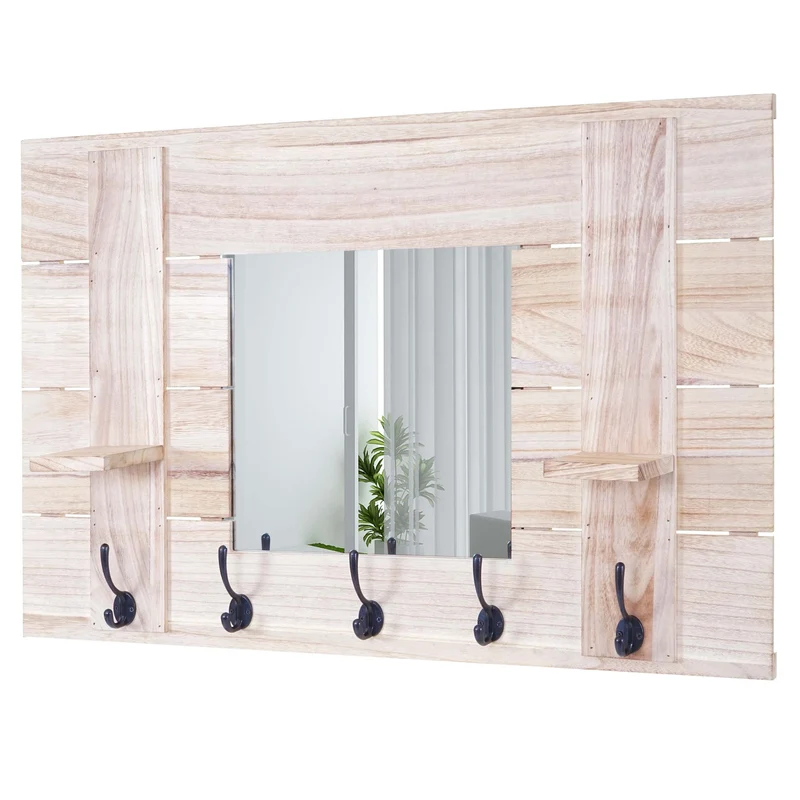 1x portemanteau mural miroir design vintage avec 5 crochets 90 x 60 cm marron naturel 04_0008172