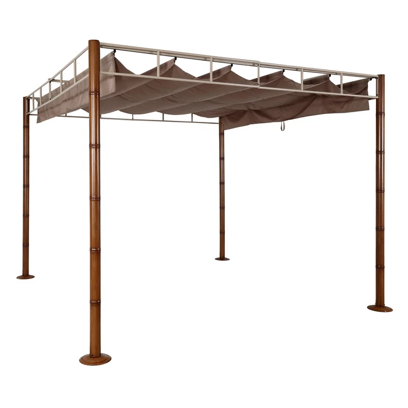 Pergola pavillon de jardin auvent de terrasse stable 7 cm structure métallique 3 x 3m aspect bambou taupe-marron 04_0008121