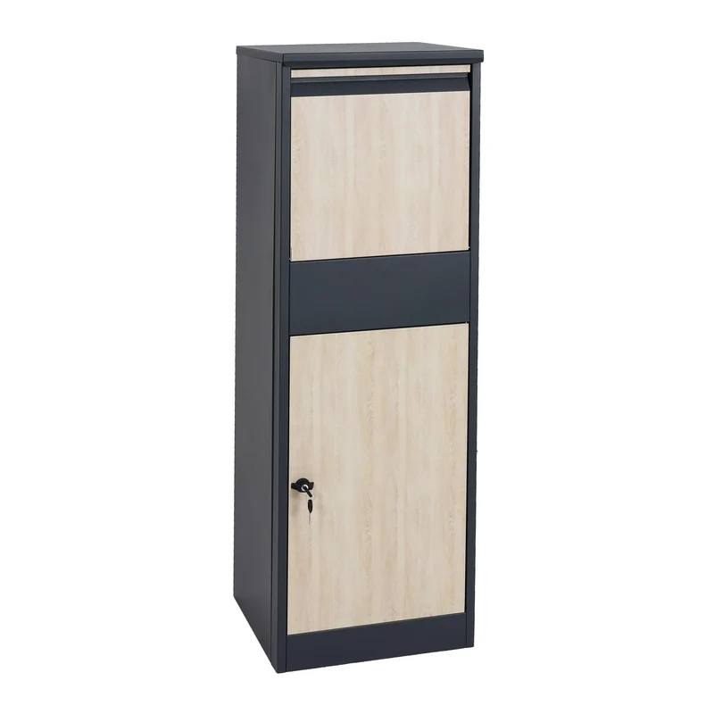 Boîte à colis sur pied avec serrure 140x46x45 acier aspect bois anthracite bois clair 04_0005911