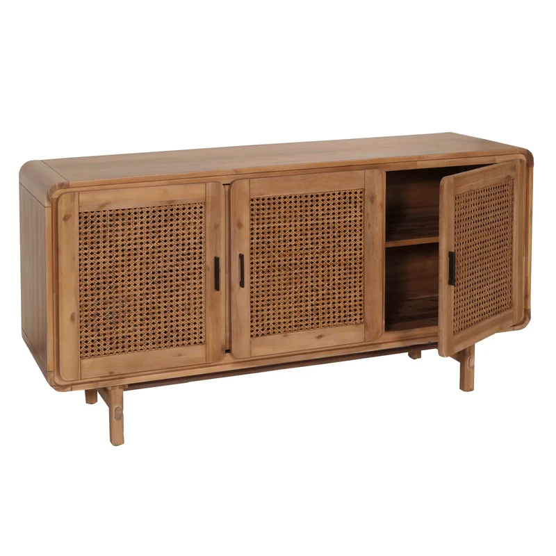Buffet trois portes avec 4 compartiments de rangement en rotin bois acacia 82x160x45 cm 04_0005996