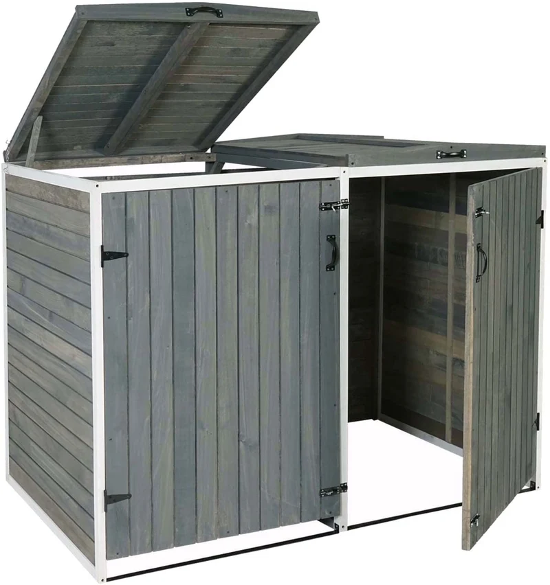 Abri de poubelles extérieur conteneurs à ordures avec couvercle jusqu'à 4 bacs 126x158x98 cm en bois certifié FSC gris-blanc 04_0002867