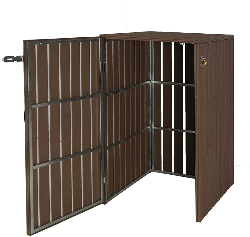 Abri de poubelles extérieur conteneurs à ordures jusqu'à 2 bacs métal aspect bois marron 115x77x97 cm 04_0002862