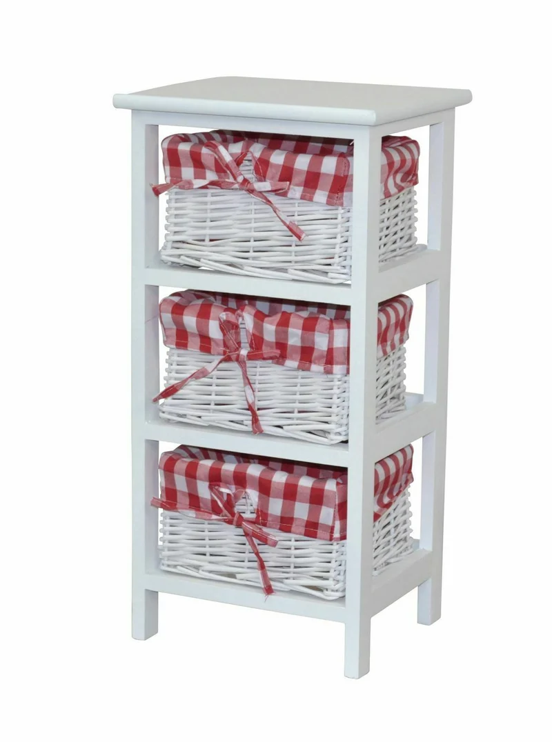 Étagère sur pied 3 étagères style vintage en bois massif blanc avec 3 paniers de rangement en osier MED05143