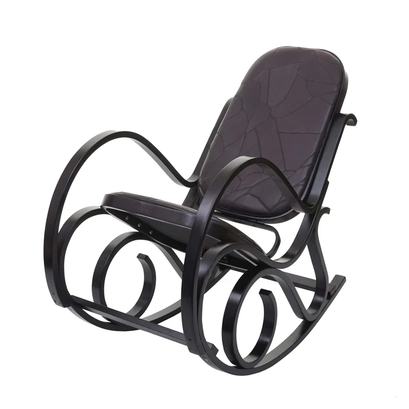 Fauteuil à bascule rocking chair en bois noyer assise en cuir patchwork marron FAB04021