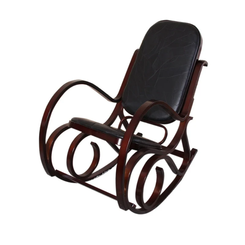Fauteuil à bascule rocking chair en bois foncé assise en cuir noir FAB04010