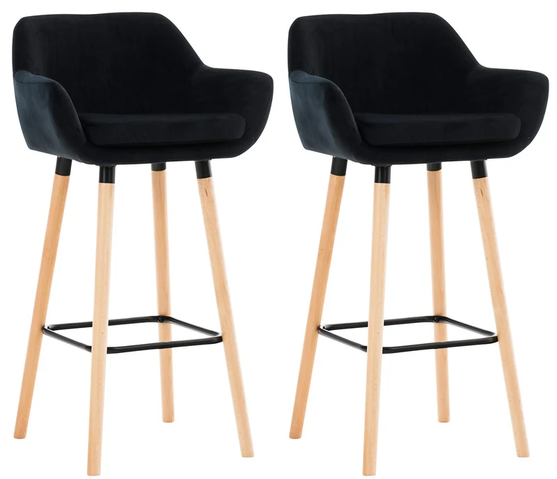 Lot de 2 tabourets de bar en velours noir pieds en bois avec repose-pieds et accoudoirs style rétro moderne 10_0000321