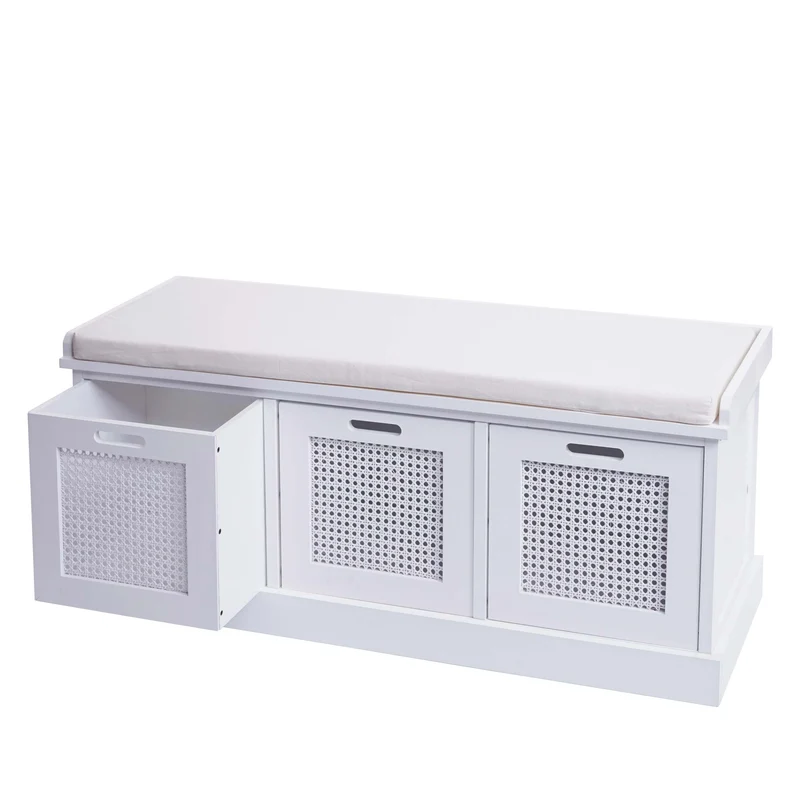 Banc banquette en bois de paulownia blanc et MDF avec coussin blanc boites de rangement 47x110x40cm BAN04052