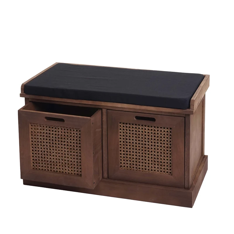 Banc banquette en bois de paulownia marron et MDF avec coussins noir boites de rangement 47x75x40cm BAN04051