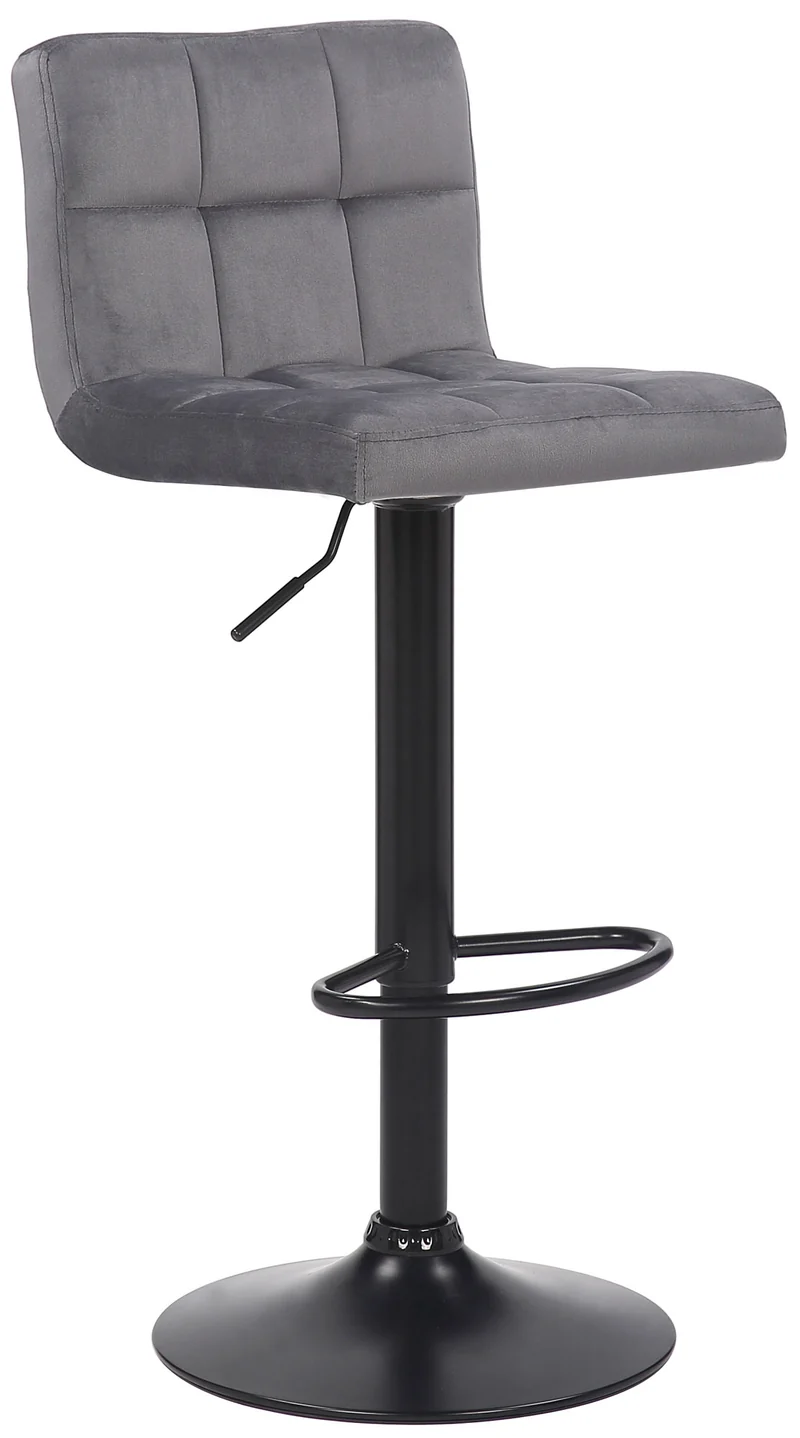 Tabouret de bar en velours gris avec pieds en métal noir assise rembourée repose-pieds pivotant TDB10176
