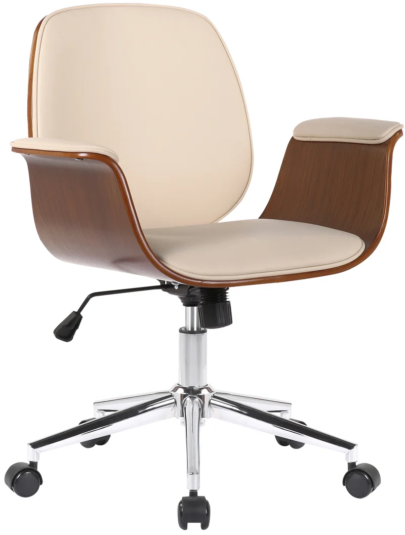 Fauteuil de bureau moderne et confortable accoudoirs incurvés hauteur réglable en synthétique crème bois et métal BUR10554