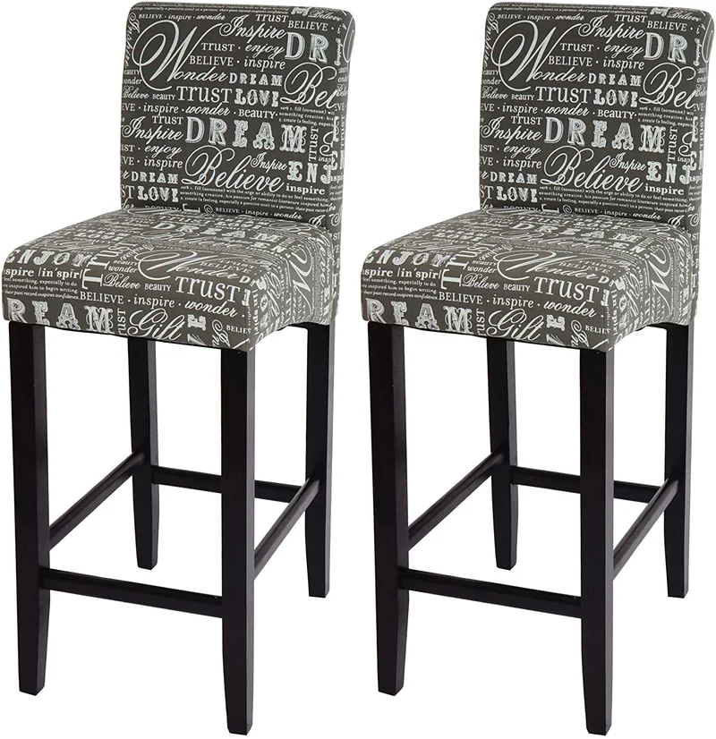 Lot de 2 tabourets de bar en tissu motif écriture gris pieds foncés avec repose pieds TDB04074