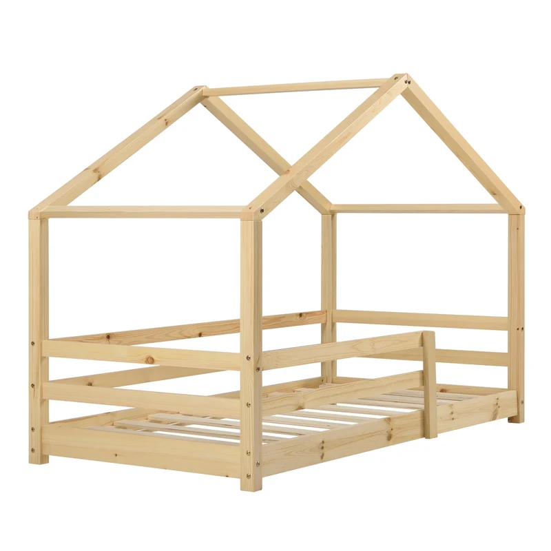 Lit cabane pour enfant forme de maison avec barrière de sécurité en bois de pin couleur naturel 90 x 200 cm 03_0005528