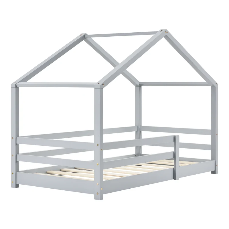 Lit cabane pour enfant forme de maison avec barrière de sécurité en bois de pin gris 70 x 140 cm 03_0005523