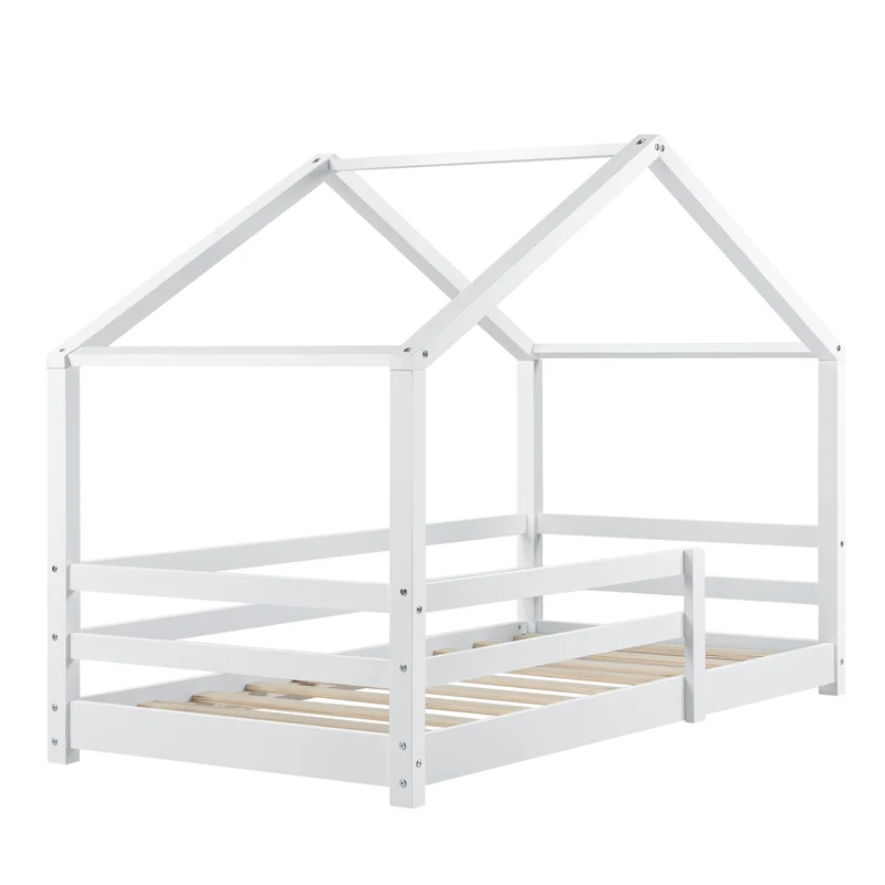 Lit cabane pour enfant forme de maison avec barrière de sécurité en bois de pin blanc 70 x 140 cm 03_0005521