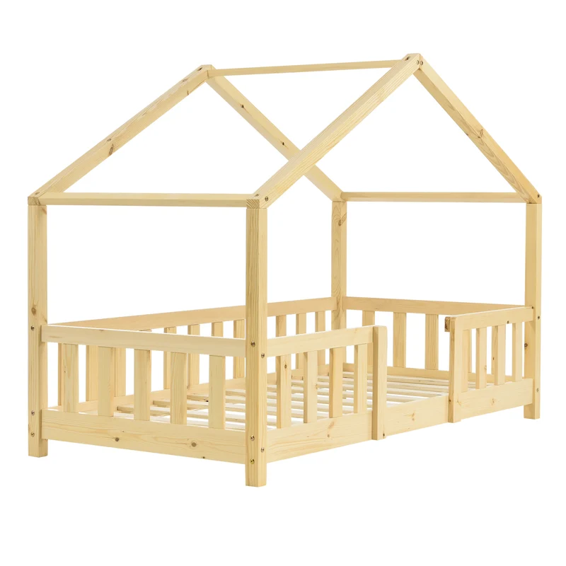 Lit cabane pour enfant forme de maison avec barrière de sécurité en bois de pin couleur naturel 70 x 140 cm 03_0005462