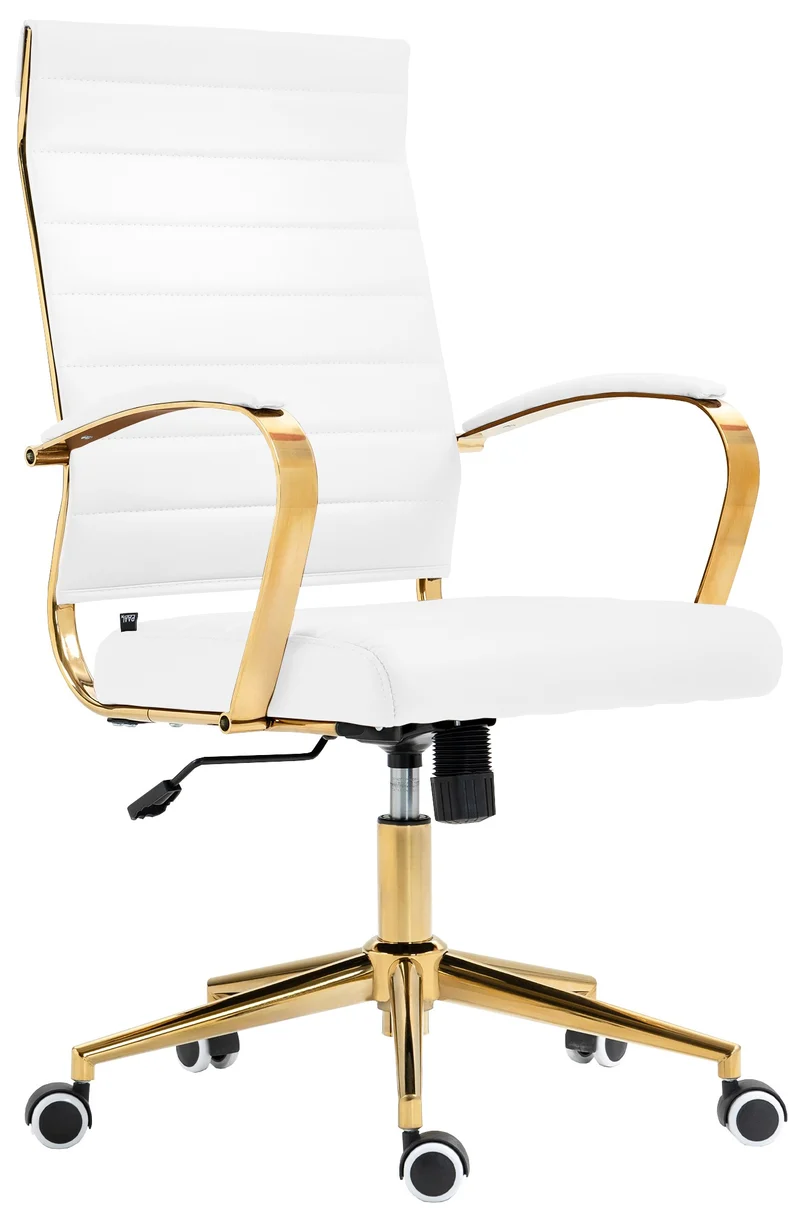 Fauteuil de bureau design chic dossier ergonomique en similicuir blanc cadre métal doré BUR10710